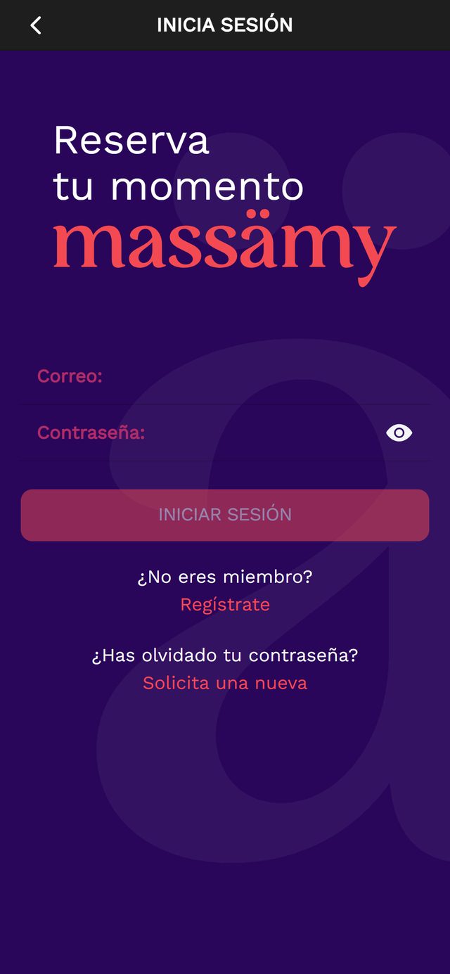 Pantalla de inicio de sesión de la app massämy